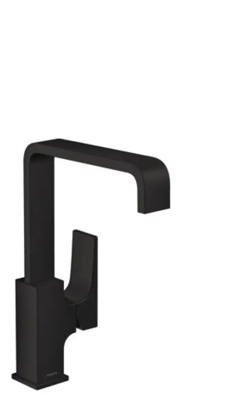 Waschtischmischer in mattschwarz von Hansgrohe mit Hebelgriff und integrierter Push-Open Ablaufgarnitur in modernem Design.